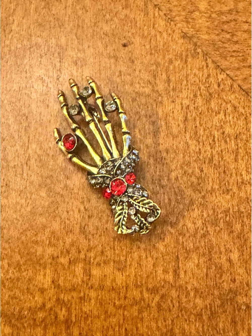 Vintage Skeleton Hand Brooch with Red and Clear Rhinestones 582